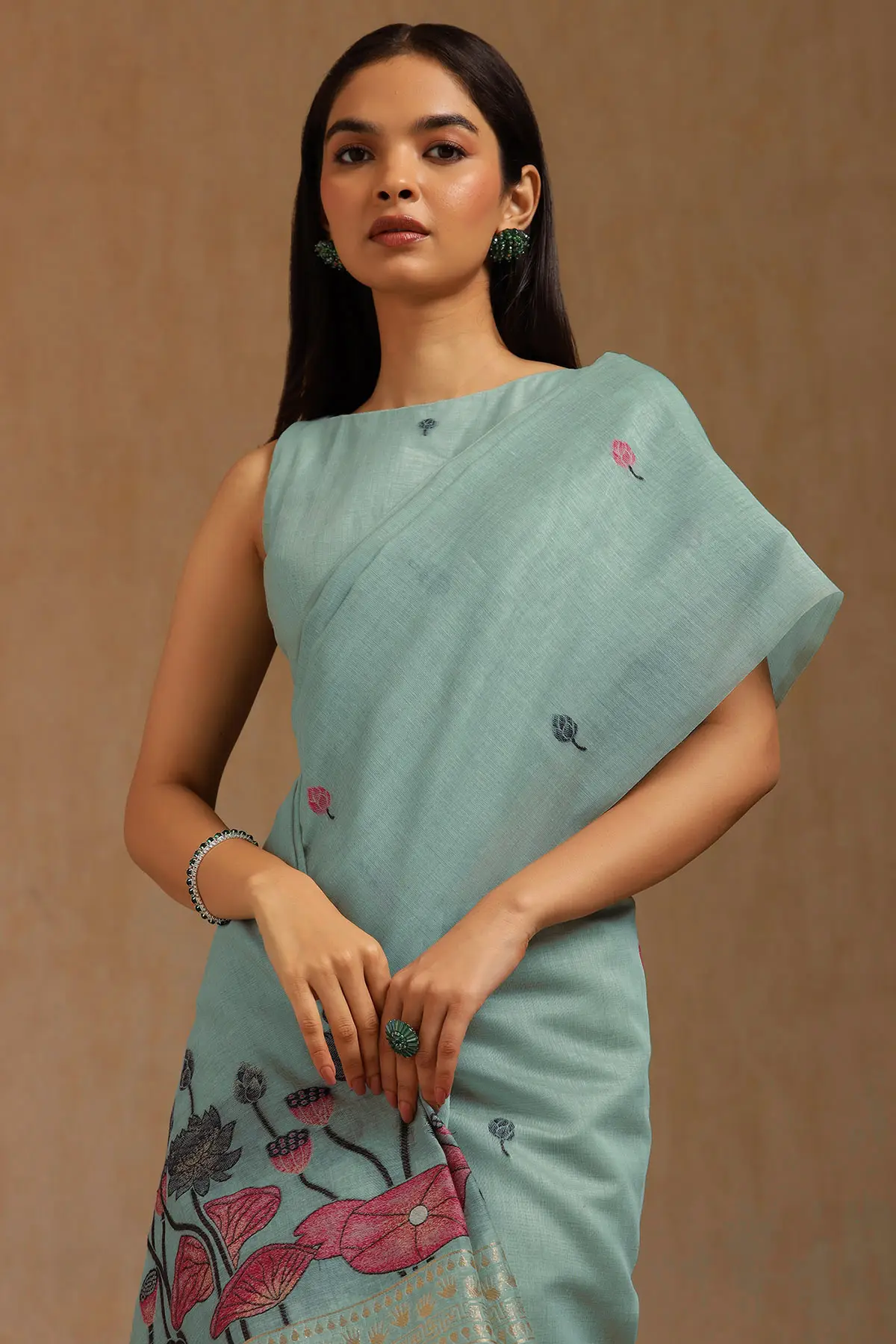 Powder Blue Chanderi Floral Print Saree With Zari Woven
